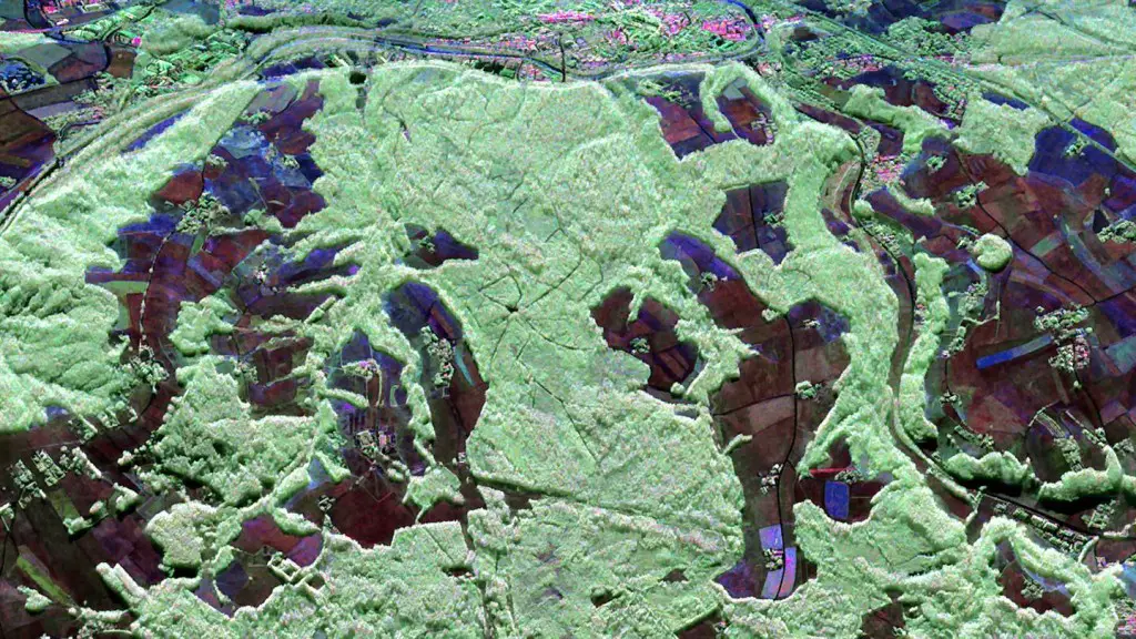 Traunstein Forest - F-SAR Image Polarimetric radar image of the test area near Traunstein, in southeast Bavaria, acquired up by F-SAR sensor in L-band on 30 Jun 2015. The image is shown in false in colours; forest areas appear in green; surfaces with low vegetation areshown inn blue/red. Credit: DLR
