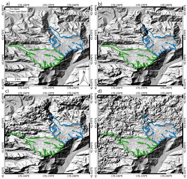 Different typical example ASTER DEMs over the study area. (a) ASTER GDEM2 features smooth terrain without outliers (b) ASTER DEM 2001/04/07 contains noticeable outliers over the glacier tongues, as do (c) ASTER DEM 2001/08/09 and (d) ASTER DEM 2014/02/24. The examples illustrate that any time series analysis has to be particularly robust against elevation outliers.