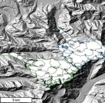  Shaded relief showing Fox Glacier and Franz Josef Glacier located in the Southern Alps, New Zealand. Glacier extents are from the Randolph Glacier Inventory
