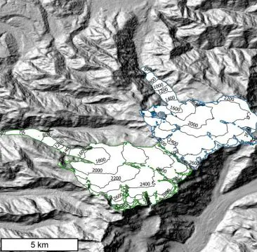 Shaded relief showing Fox Glacier and Franz Josef Glacier located in the Southern Alps, New Zealand. Glacier extents are from the Randolph Glacier Inventory