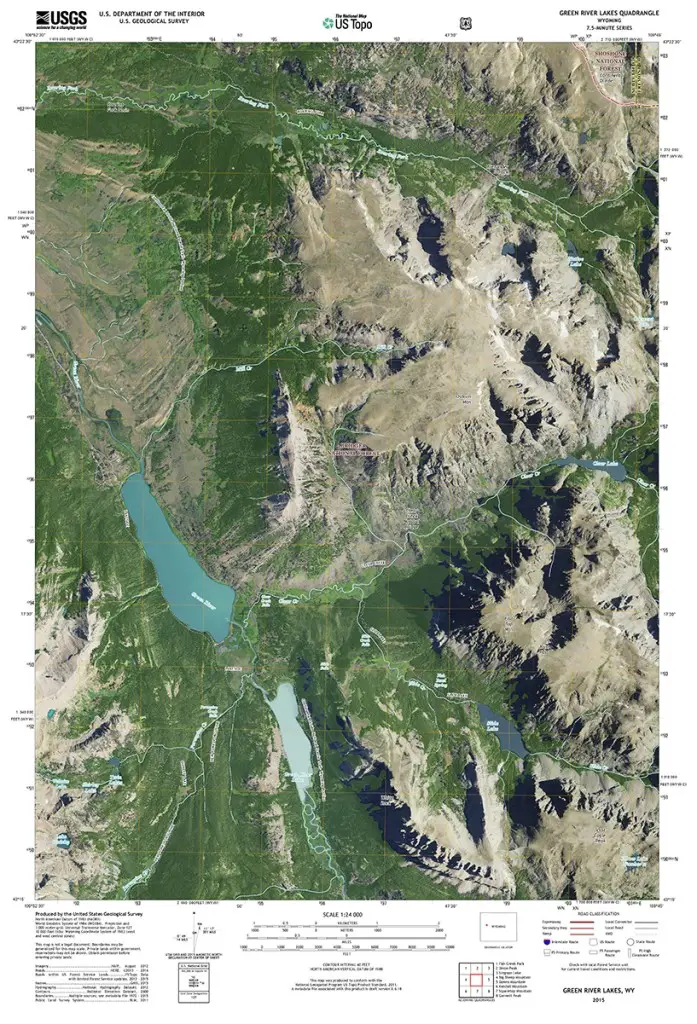 Updated 2015 version of the Green River Lakes quadrangle with orthoimage turned on.