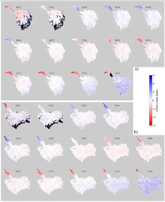 Annual elevation change of (a) Fox Glacier (b) Franz Josef Glacier, modelled by the tDEM method from DEM time series data. Untrusted results due to missing data at the boundaries of the time series are marked with black. Time periods refer to calendar years, i.e., between 1 January of both years.