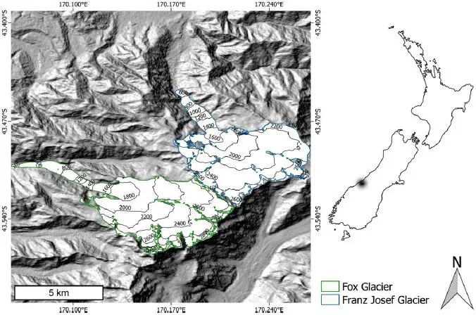 Study area. Shaded relief showing Fox Glacier and Franz Josef Glacier located in the Southern Alps, New Zealand. Glacier extents are from the Randolph Glacier Inventory