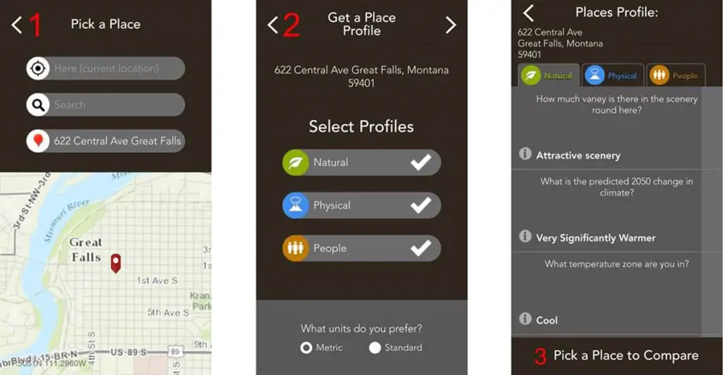 Available for iPhone and Android, Field Notes—Earth lets you pick a place (left), pick your profiles (center), and get results about your place.