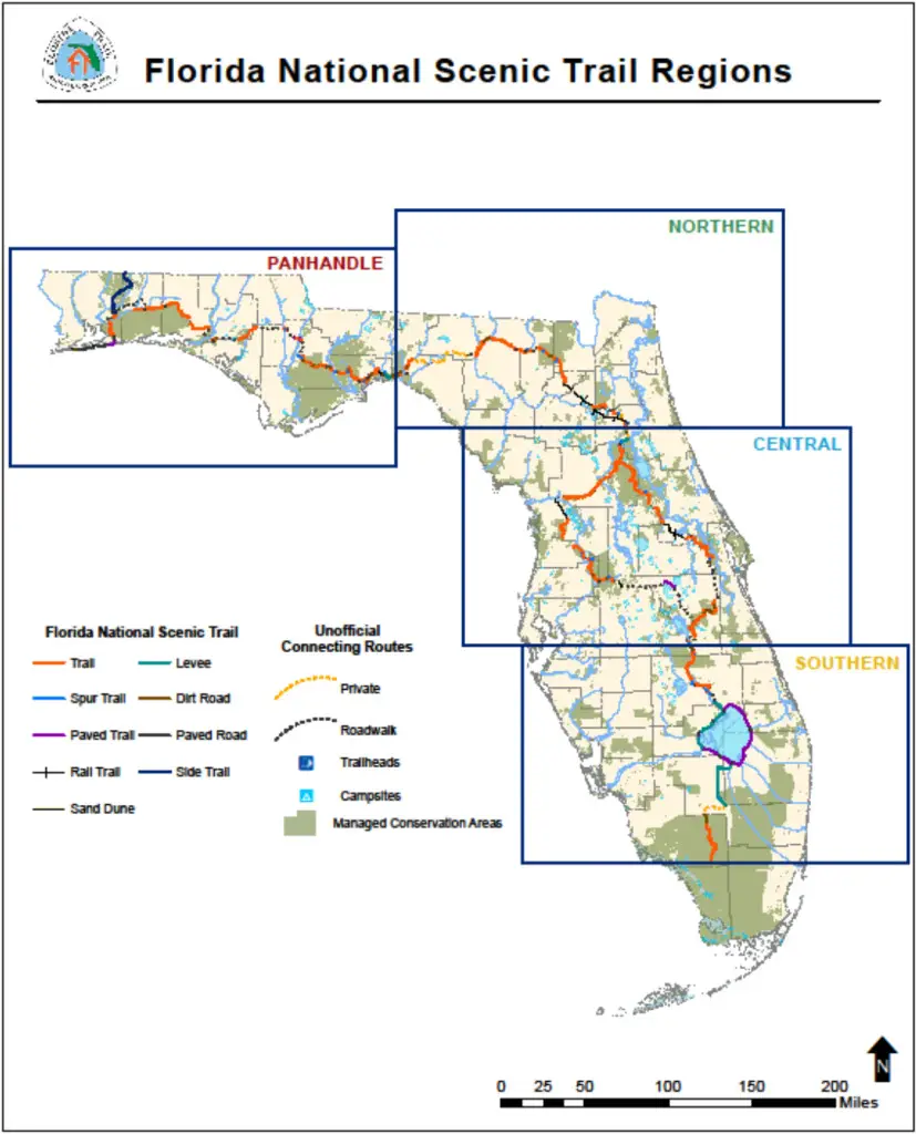 The Florida National Scenic Trail is currently more than 1,000 miles long, with 1,300 total miles planned. The U.S. Forest Service has divided the Trail into four main geographic regions: the Southern region, the Central region, the Northern region, and the Panhandle region.