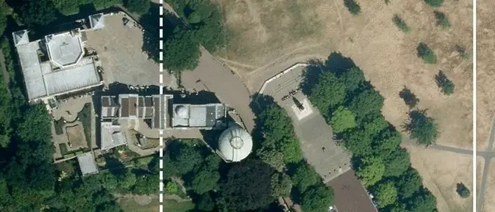 Royal Observatory of Greenwich. The Airy meridian (dotted line) and the ITRF zero meridian (solid line). Imagery 2014 Google Maps, Infoterra Ltd & Bluesky