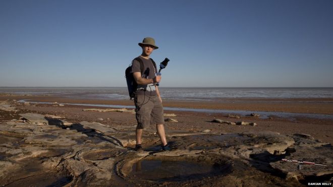 Scientists are using cutting-edge technology to map dinosaur tracks. Credit: BBC/Damian Kelly 