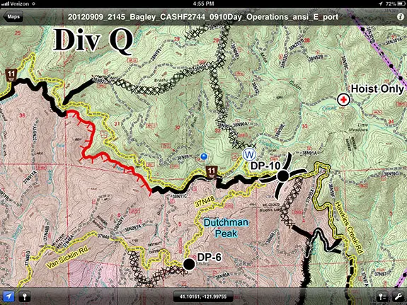 The centered blue GPS position on an operations map pinpoints the user's location on Avenza's PDF Maps app used on an iPad (Photo cred: Carl Beyerhelm)