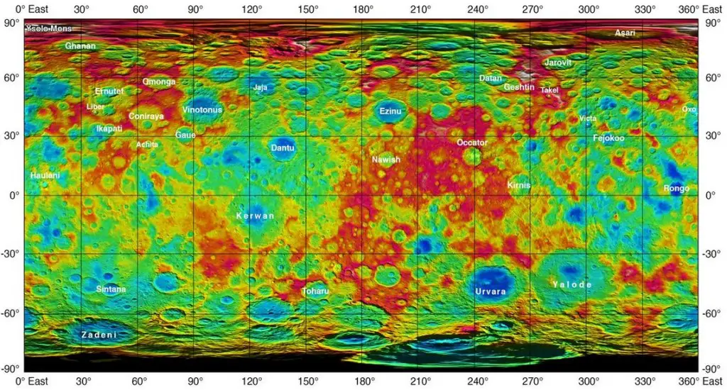 Ceres - Global Colour Coded Topographic Map This colour coded map from NASA's Dawn mission shows the heights and lows of topography on the surface of dwarf planet Ceres. Credit: NASA/JPL-Caltech/UCLAMPS/DLR/IDA