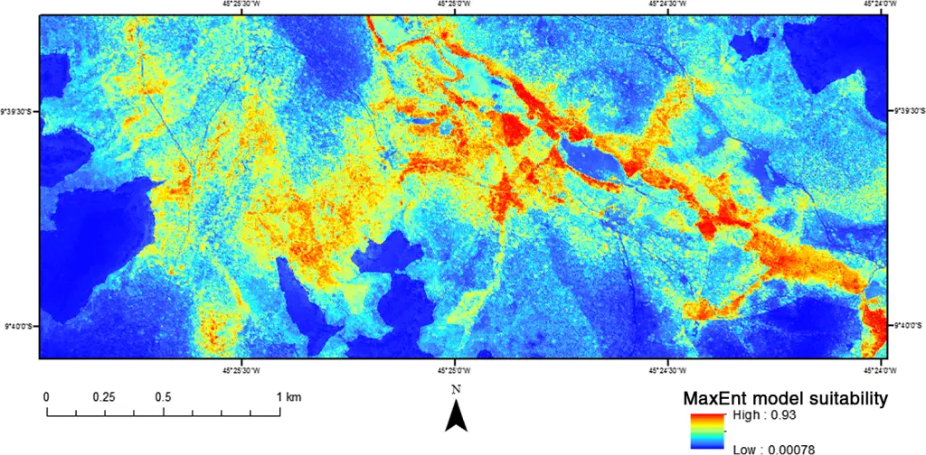 Capuchin monkey habitat model: Final maximum entropy habitat model with warmer colors representing areas of higher habitat suitability for bearded capuchin monkeys and cooler colors representing lower suitability. Journal of Applied Remote Sensing doi:10.1117/1.JRS.9.096020 (© the authors)