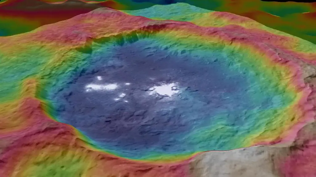 Occator Topography This view, created using images acquired by the German developed Framing Camera on board NASA's Dawn spacecraft, is a colour coded topographic map of Occator Crater on Ceres. Credit: NASA/JPL-Caltech/UCLAMPS/DLR/IDA