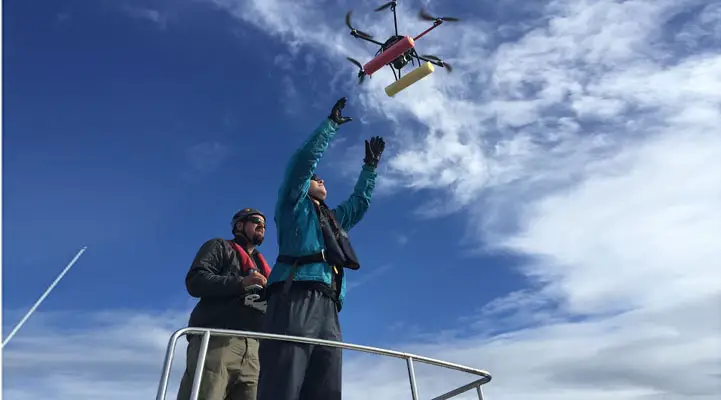 Dr. John Durban piloting the hexacopter into the hands of co-pilot Dr. Holly Fearnbach; both biologists with NOAA’s Southwest Fisheries Science Center. Credit: NOAA