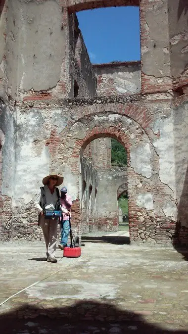 Courtesy of Christine Markussen CAST researcher Katie Simon conducts a ground-penetrating radar survey among the architectural ruins of the palace complex at San Souci, Haiti, as part of a SPARC-funded collaboration with Cameron Monroe of the University of California, Santa Cruz.