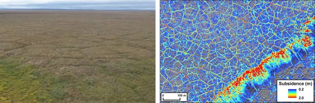 A photo from the study area acquired in August 2015 showing thermokarst development manifest as a network of troughs forming over degrading ice wedges (left). Comparison between the two airborne LiDAR data showing permafrost terrain subsidence in the aftermath of a large and severe Arctic tundra fire.