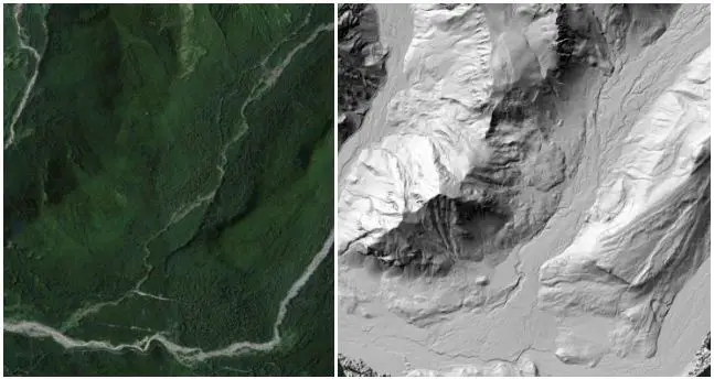 (left) Google Earth image showing forested area of Mount Rainier. (right) Bare earth hillshade model highlighting lateral moraines, river terraces, and a braided river in the same location. Credit: OpenTopography