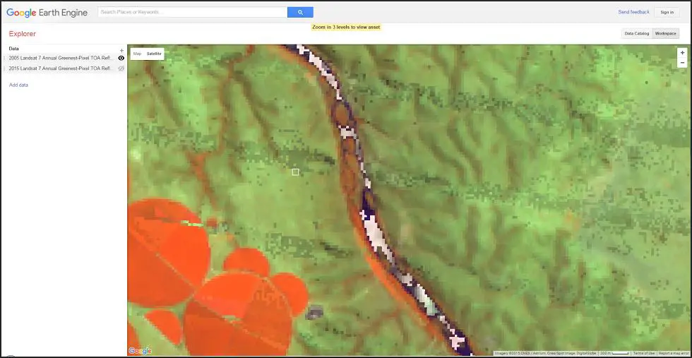 Interface of Collect Earth together with Google Earth Engine to visualize the development of new crop fields in former grasslands along the Orange River in South Africa.