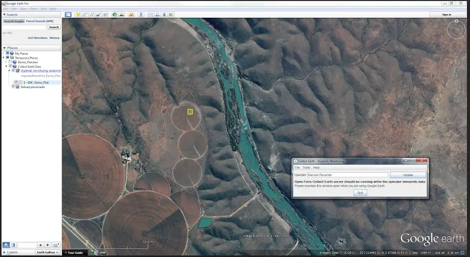 Interface of Collect Earth together with Google Earth Engine to visualize the development of new crop fields in former grasslands along the Orange River in South Africa.