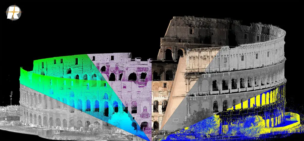 Point cloud of the Coliseum acquired with a VZ-400 displayed by Reflectance, Amplitude, Deviation, True Color, Multiple Echo, and Height values.-Terrestrial Laser Scanning
