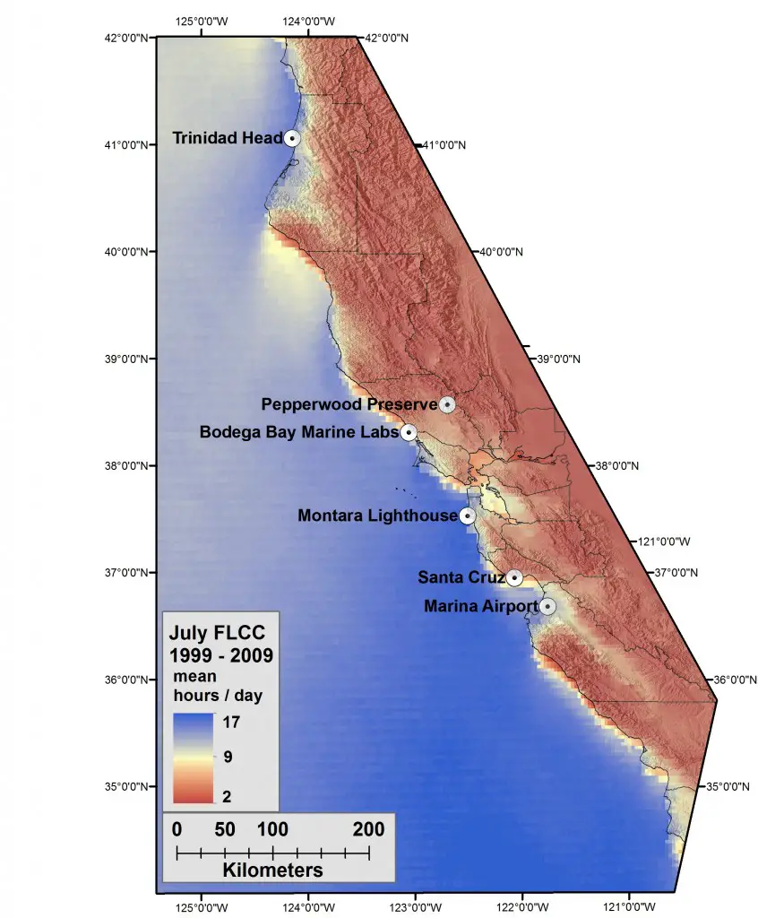 Map of central California coast showing the average amount of fog and low clouds present during the month of July over a period of 10 years. Areas of darkest blue over the ocean were covered by an average of 17 hours per day of fog and low clouds. Inland areas in darkest red were fogged in or covered by low clouds two hours or less per day, and the narrow band of yellow along the coast was blanketed by fog and low clouds an average of nine hours per day during most Julys.