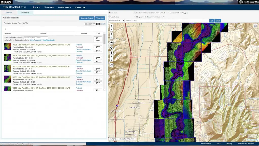Screen shot of lidar data downloads.