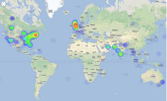 Image showing Prototype for social media analysis for flood events.This example shows an aggregated 24 hours filtered flood signal from Twitter for 24th of July 2013 in form of a heat map (read color=high signal). It is considered as a valid signal Twitter messages containing top 25 bigrams extracted from Twitter streaming over the last 10 days prior to the day of 24 hourly analysis.Credit:GLOFAS-Global Flood Awareness System, Global Flood, Floods, Floodhack