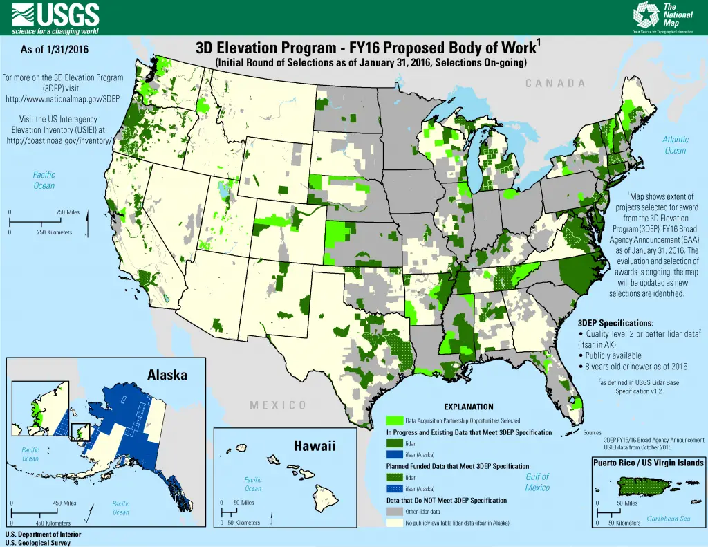 Map depicts the status of BAA awards to date. Project selection is ongoing and will be posted at the 3DEP website. The FY16 3DEP data acquisition is projected to add more than 150,000 square miles of 3DEP quality lidar data to the national database. 