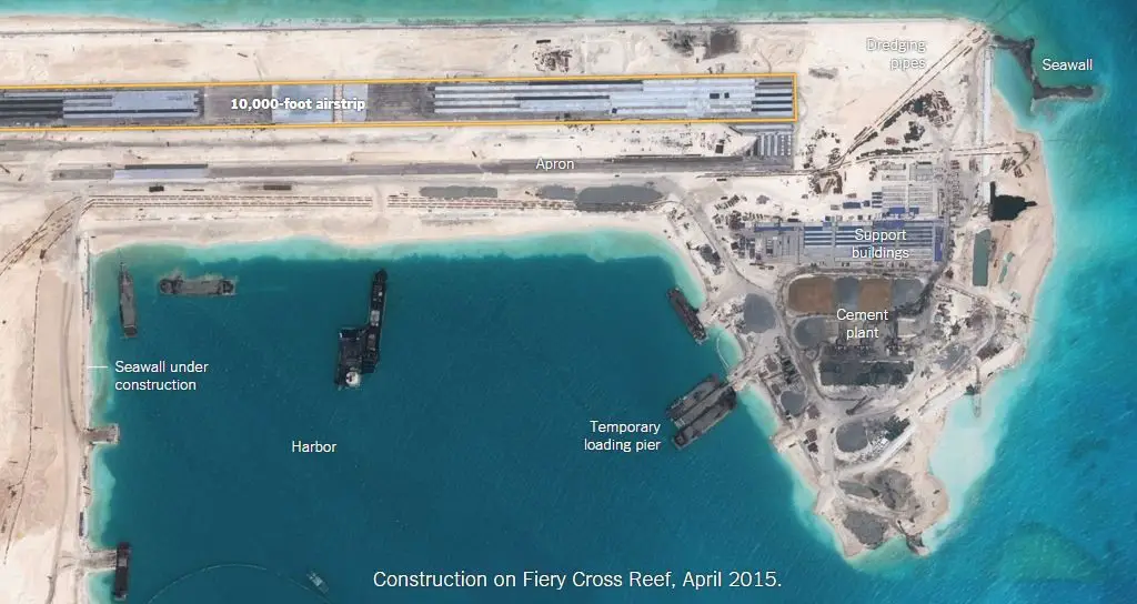 Construction on Fiery Cross Reef, April 2015. Credit: The Tribune