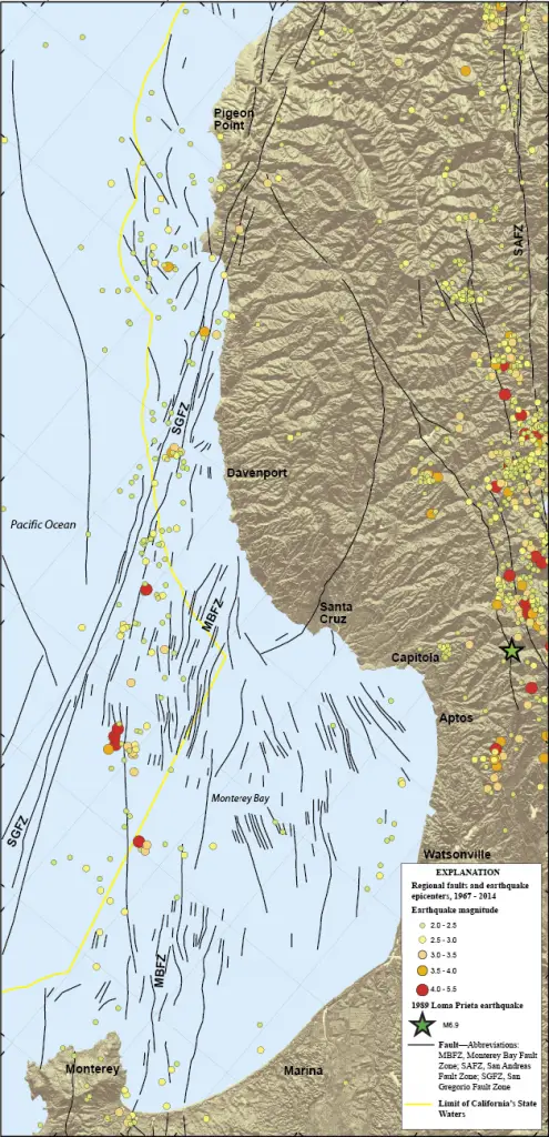 Faults and earthquakes recorded from the Monterey Peninsula to Pigeon Point