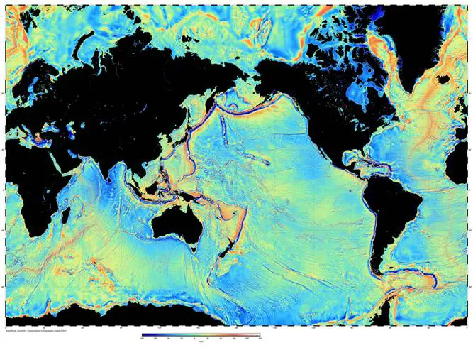 Global map of the variations in the pull of gravity derived from satellite radar altimetry. Credit: Scripps Institution of Oceanography