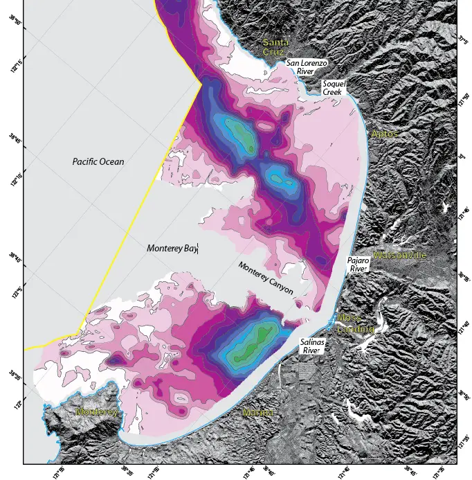 Map of unconsolidated sediment thickness in Monterey Bay, excluding Monterey Canyon
