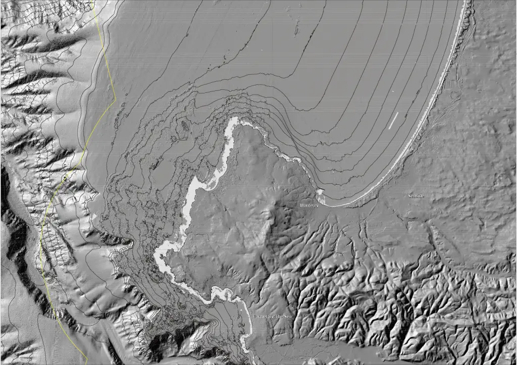 Monterey Peninsula onshore and offshore shaded-relief map