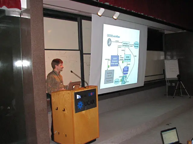 Doug Nebert presenting at a conference, expanding on his vision of National Spatial Dataset Infrastructure issues (undated photo).