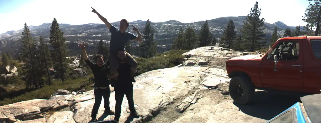 The roof mounted NCTech iSTAR 360 degree camera captures the celebrations of the Top Gear presenters on successfully completing the Rubicon Trail