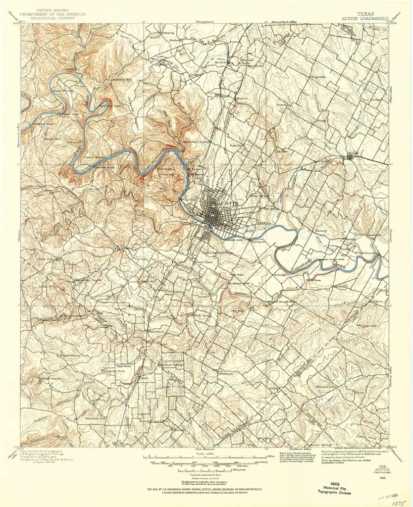 Scan of the 1886 legacy topographic map quadrangle of the greater Austin, Texas area from the USGS.