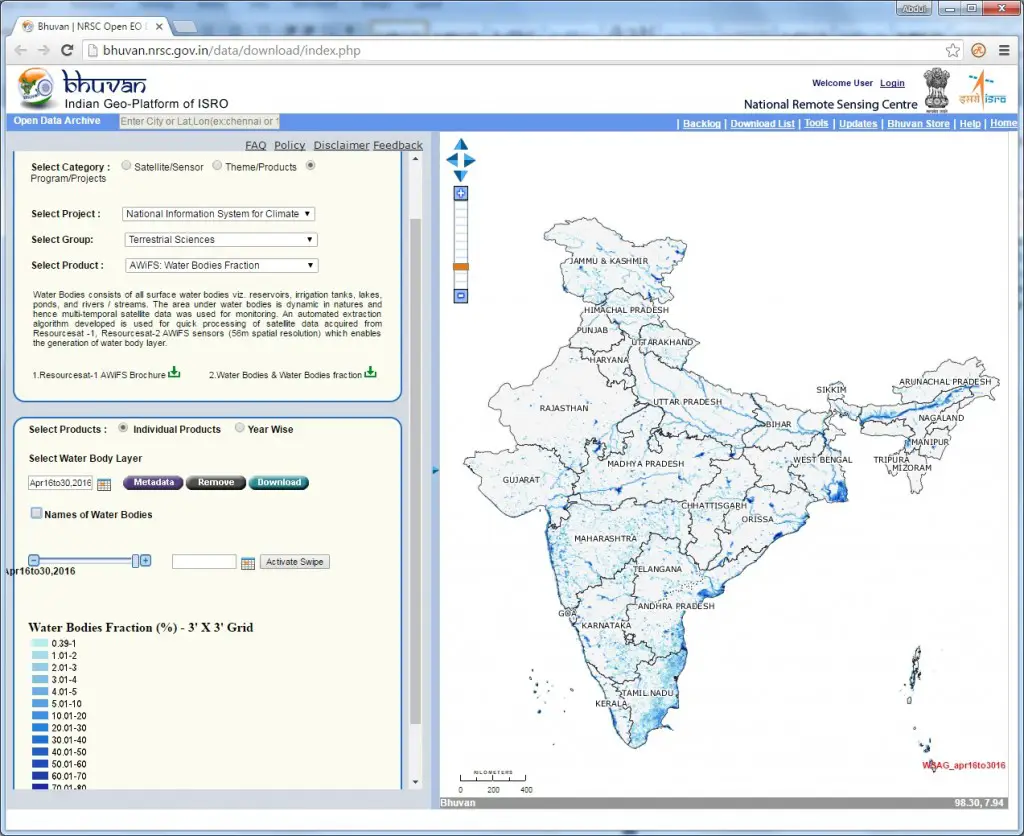 Snapshot of Water Bodies Fraction information available for download Credit: ISRO