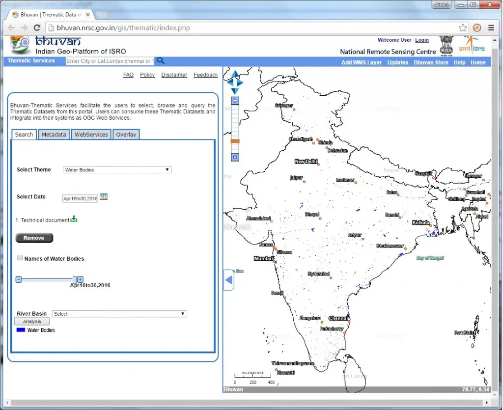 Snapshot of Water Spread Area information published in Bhuvan Credit: ISRO