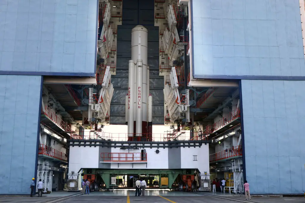 PSLV-C34 first stage integration in progress. Credit: ISRO
