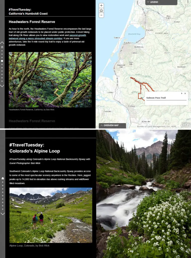 Travel Tuesday: California’s Humboldt Coast (top) and Colorado’s Alpine Loop. Credit: Esri