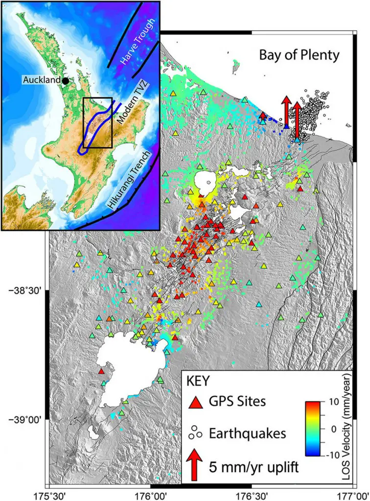Figure 1. Surface velocities (i.e., measurements of displacement) derived from satellite radar interferometry (InSAR) and global positioning system (GPS) measurements (indicated by the colored circles and triangles, respectively). Warm colors indicate subsidence and blue colors suggest uplift. The white circles show the location of earthquakes during a swarm between 2005 and 2009 (in the Bay of Plenty region). The inset shows a map of New Zealand's North Island, and the black box indicates the region shown in the main figure. TVZ: Taupo Volcanic Zone. LOS: Line of sight.
