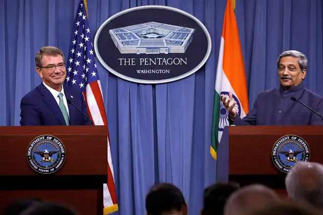 India and US have signed a logistics exchange pact, called Logistics Exchange Memorandum of Agreement or LEMOA (Defence Minister Manohar Parrikar and US Defense Secretary Ashton Carter) Credit: The Financial Express