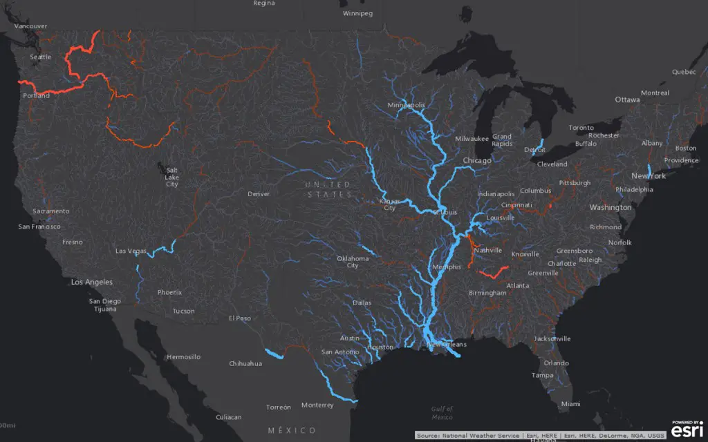Smart mapping leader Esri today released a robust collection of web maps that display NOAA forecast streamflow data for the continental United States. Credit: Esri