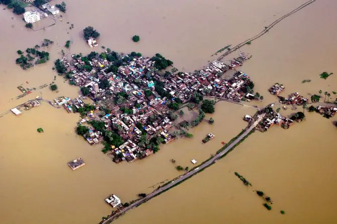 Nalanda: An aerial view of flood affected of Nalanda district of Bihar on Sunday. PTI Photo(PTI8_17_2014_000092B)