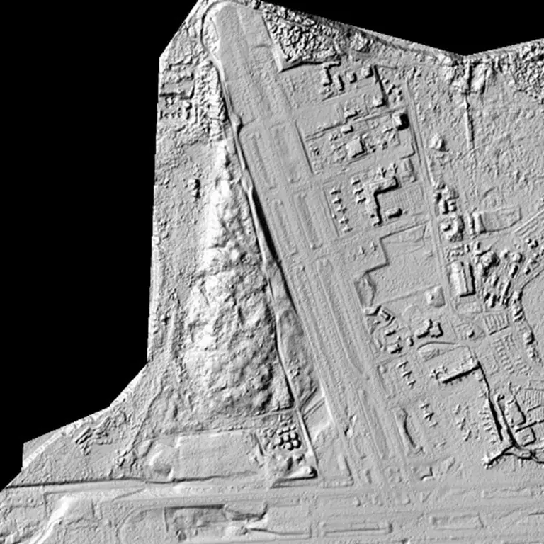 A digital elevation model of Anchorage, Alaska, shows planes parked off the runway of Ted Stevens International Airport. Better elevation maps can be used to quantify changes in sea level and monitor coastal erosion in order to identify buildings and critical infrastructure -- like airports -- at high risk of storm-surge damage, and to identify safe places to shelter when storms come.