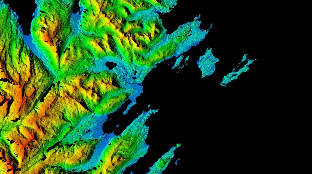 This Arctic digital elevation model image centers on Kodiak Benny Benson State Airport, a public and military airport located five miles southwest of the city of Kodiak. The image highlights the rugged relief surrounding the three runways of the airport and clearly depicts vegetation, buildings, coastal features and the drainage network of the area.