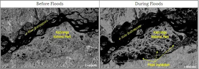 Satellite Images showing the normal and flood conditions at Kaziranga National Park in Assam State. Dark colour indicates water in these Images. Credit: ISRO