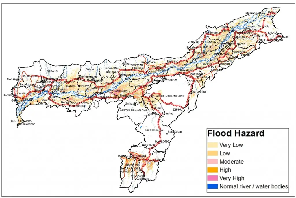 Flood hazard map of Assam (Different colours represent different hazard classes). Credit: ISRO