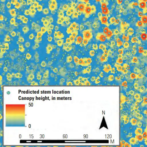 Figure 3. A gridded canopy height layer, at 1-meter spatial resolution, was derived from the light detection and ranging (lidar) data for areas in Grand Canyon National Park and Kaibab National Forest in northern Arizona. Orange/red shades indicate taller heights and individual tree crowns can be recognized. Points indicate lidar-inferred stem locations, for which canopy heights have been derived.