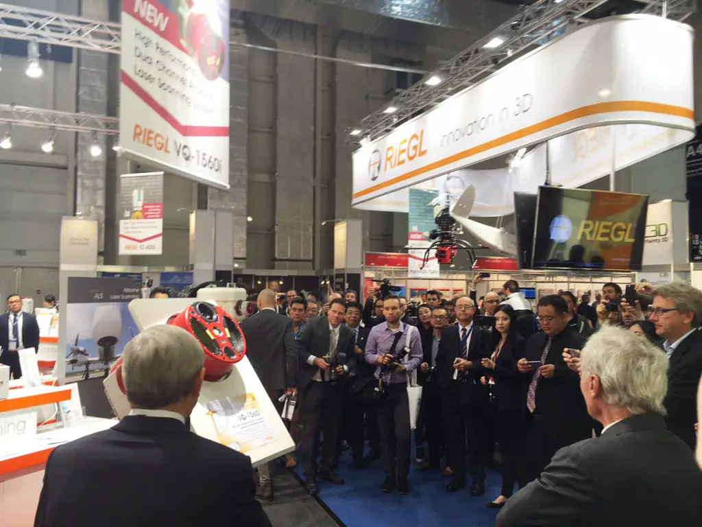 Attracting a lot of attention: The unveiling of the new RIEGL VQ-1560i Dual LiDAR Channel Airborne Laser Scanning System at the RIEGL Intergeo booth in Hamburg 