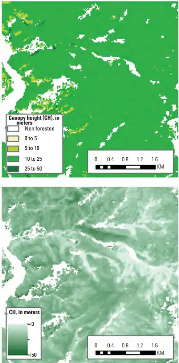 Figure 2. The spatial heterogeneity of canopy height as captured by different products for the same area in Grand County, Colorado. A, Landscape Fire and Resource Management Planning Tools (LANDFIRE) program and B, Creating Hybrid Structure from LANDFIRE/Lidar Combinations tool height products for the same area in Grand County, Colorado. 