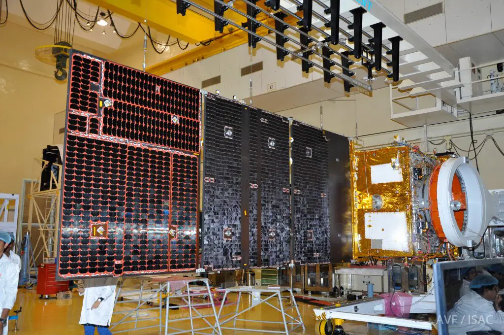 RESOURCESAT-2A with one of its solar arrays deployed during ground tests. Credit: ISRO